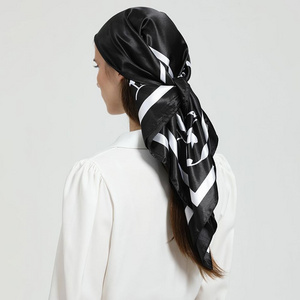 2023 New 90*90CM Square Silk Scarf Headband For Women Fashion Black White Print Hair Band Ties Hand Kerchief Bandana Shawl Hijab