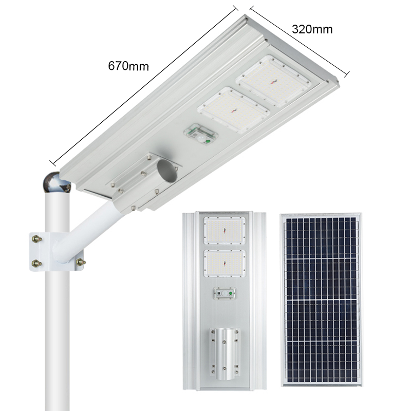 High Lumen 100W-150W All-In-One Aluminum Solar Street Light Waterproof IP65 Warm White 6000K Remote Outdoor Roads DC Power