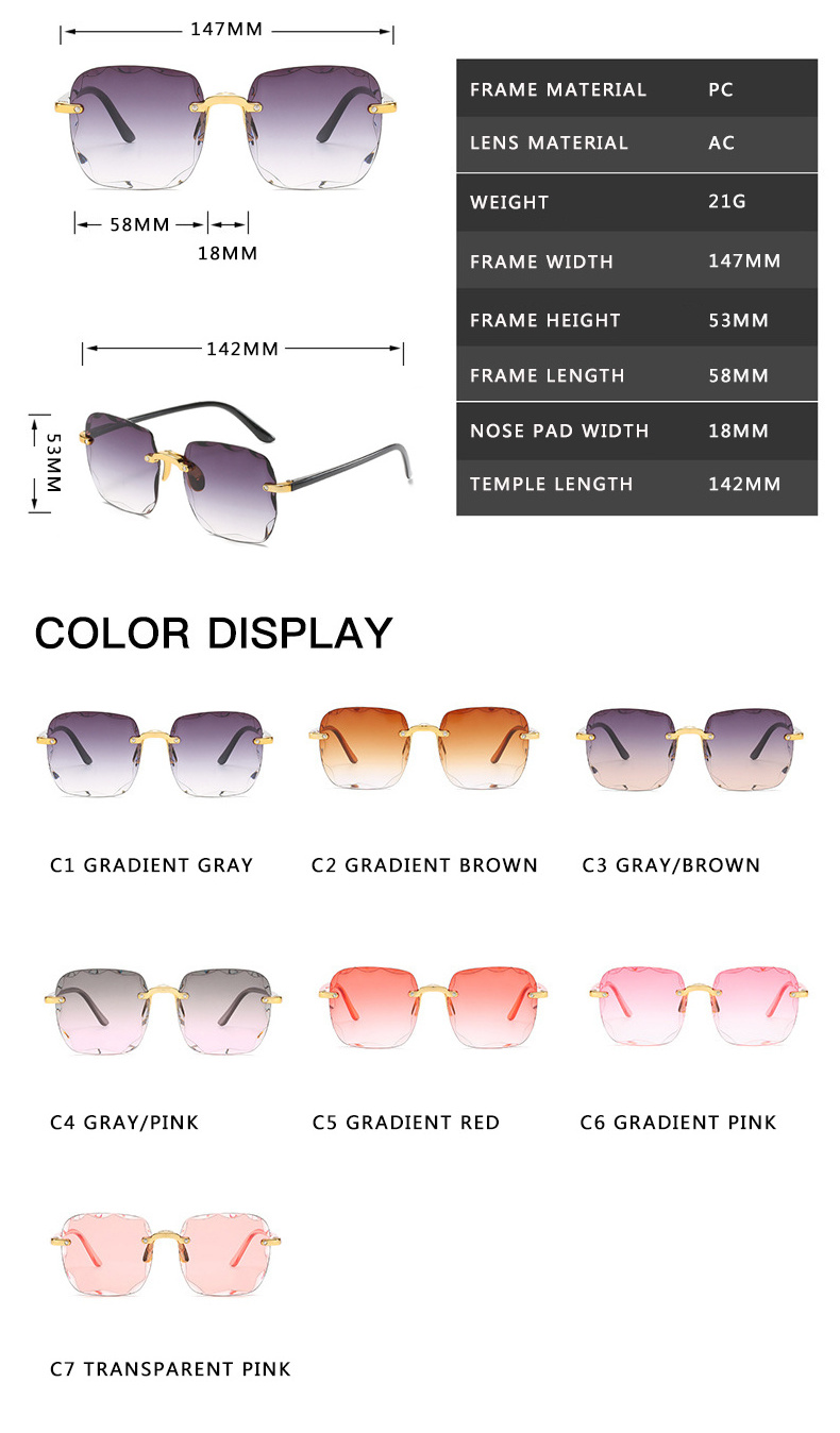 2021   Rimless Sunglasses Women Luxury Brand Designer Summer Red Glasses Fashion Sun glasses For Men UV400 Shades Oculos