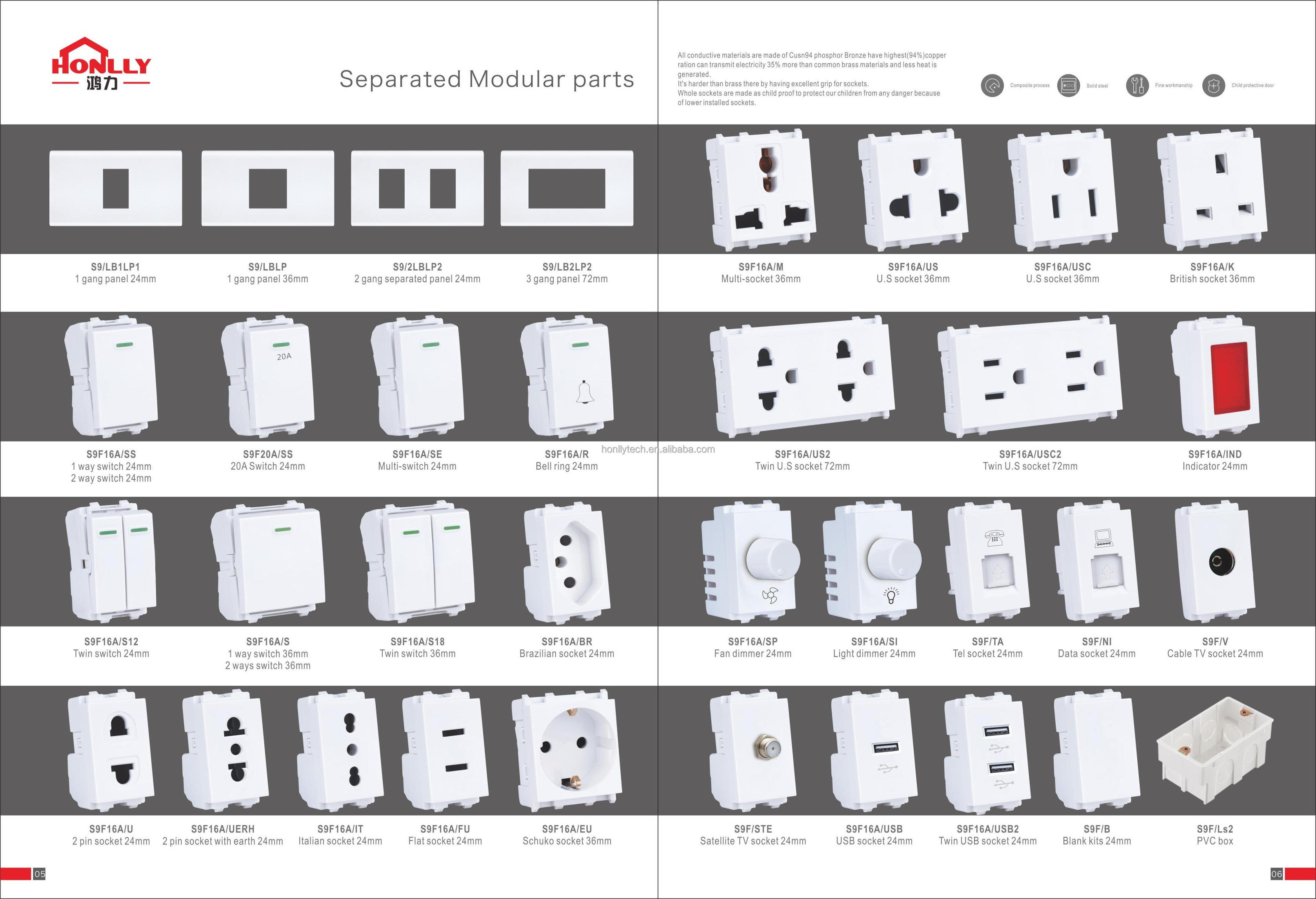 Schuko modular light controllers 110V-250V AC switch controller sockets and switches electrical 2 Gang wall switches