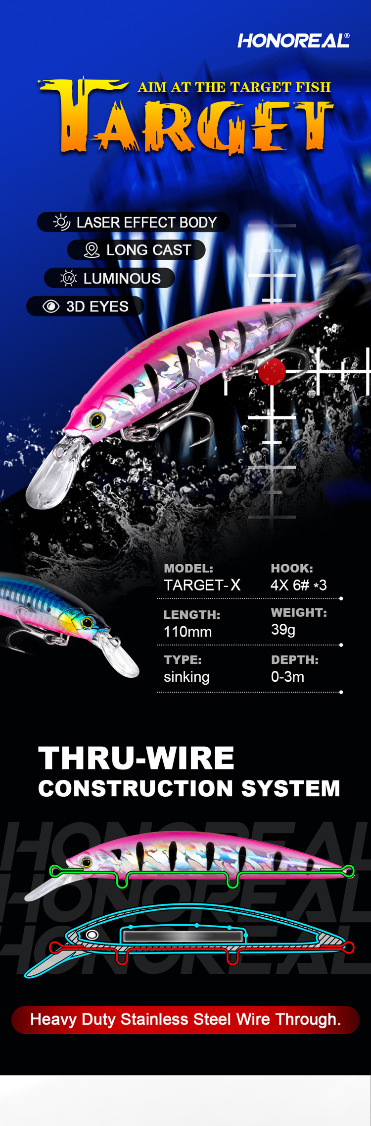 HONOREAL 110mm 39g Hard Plastic Carp Bait Salt Water Fishing Lure with Treble Hooks Artificial Sinking Minnow Lure