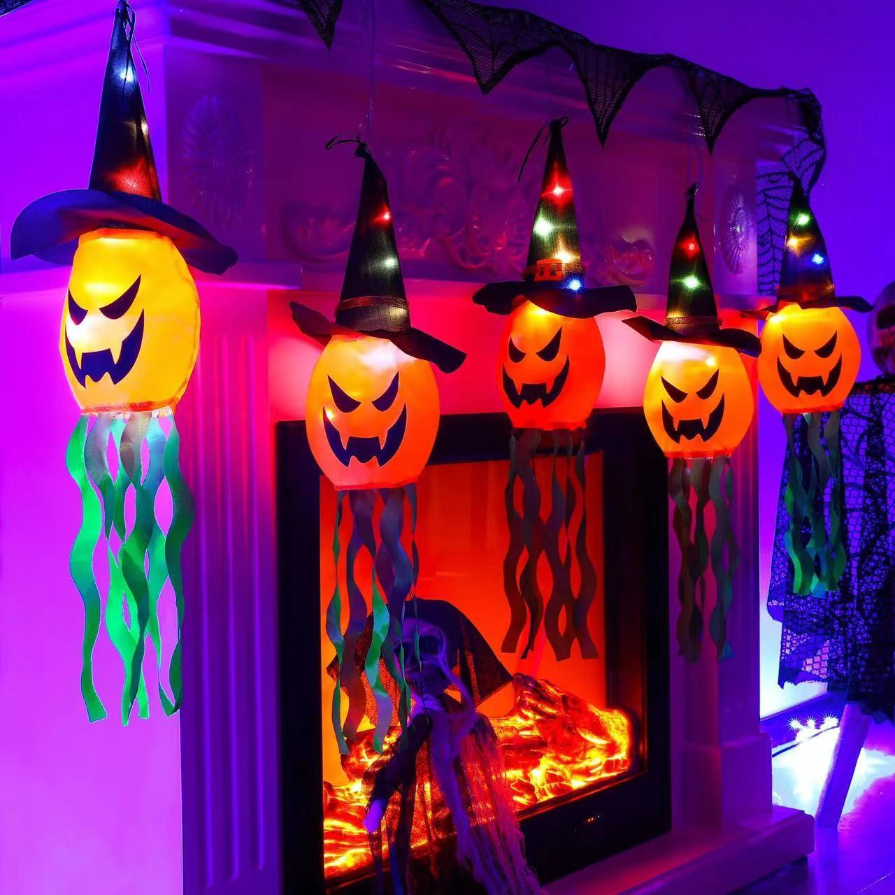 Hooded pumpkin cloth art Ghost hanging lights LED Halloween wizard hat flying flag fun spooky atmosphere room decoration