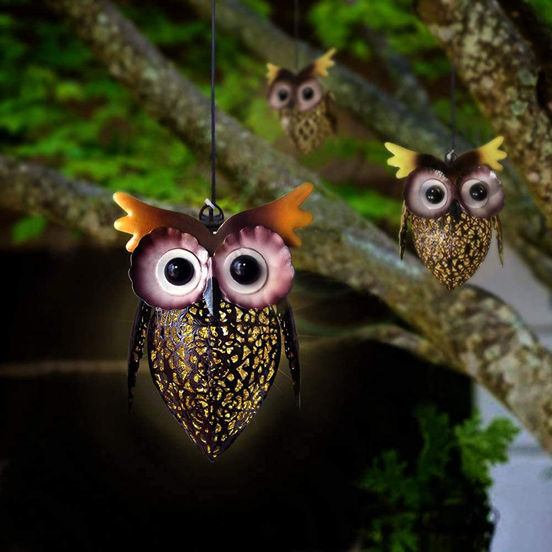 Solar Power Metal Owl Lamp LED Waterproof Hollow Lawn Lights Hanging Lamp Home Yard Gardening Decoration Garden Iron Art Light