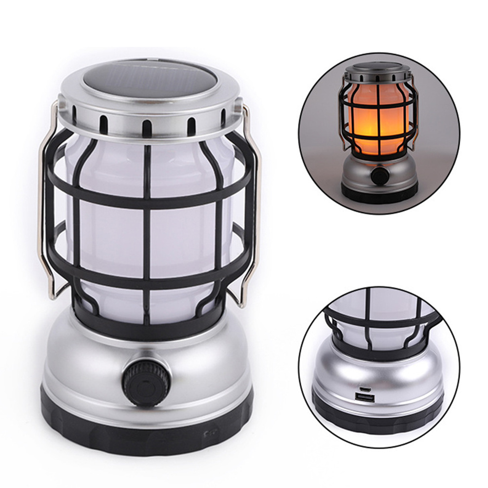 Solar Camping Lantern Outdoor Waterproof Rechargeable Lantern Led Hang Lights For Camping Flickering Flame Light