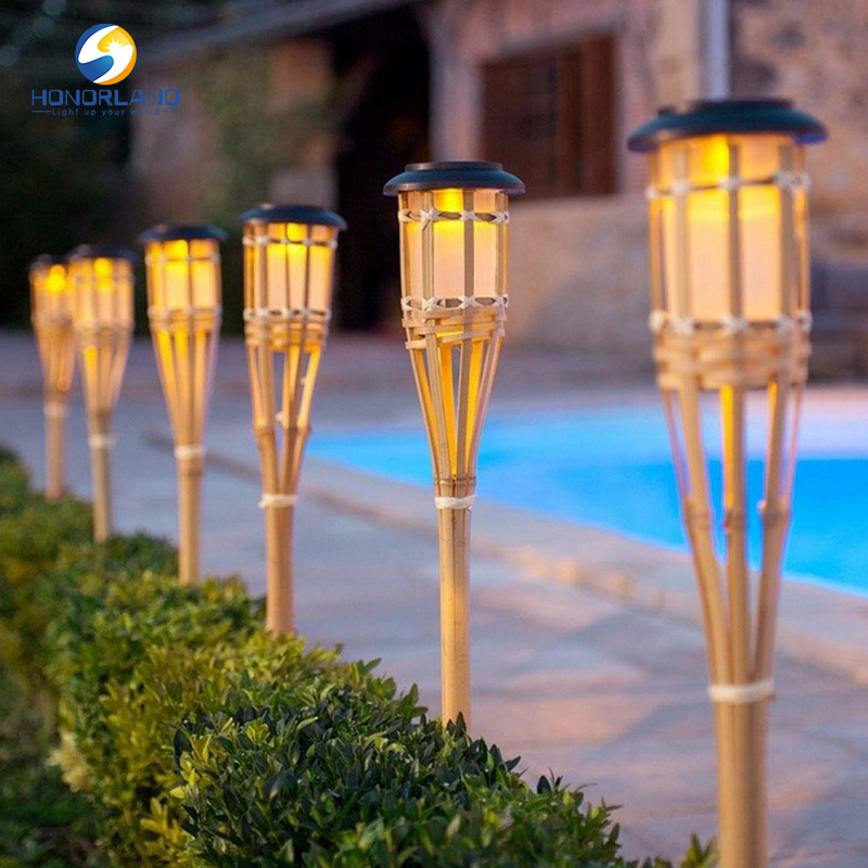 Outdoor Solar Lawn Light Hand-Woven Rattan Solar Bamboo LED Torch Lawn Light With Dancing Flickering Flame for Garden