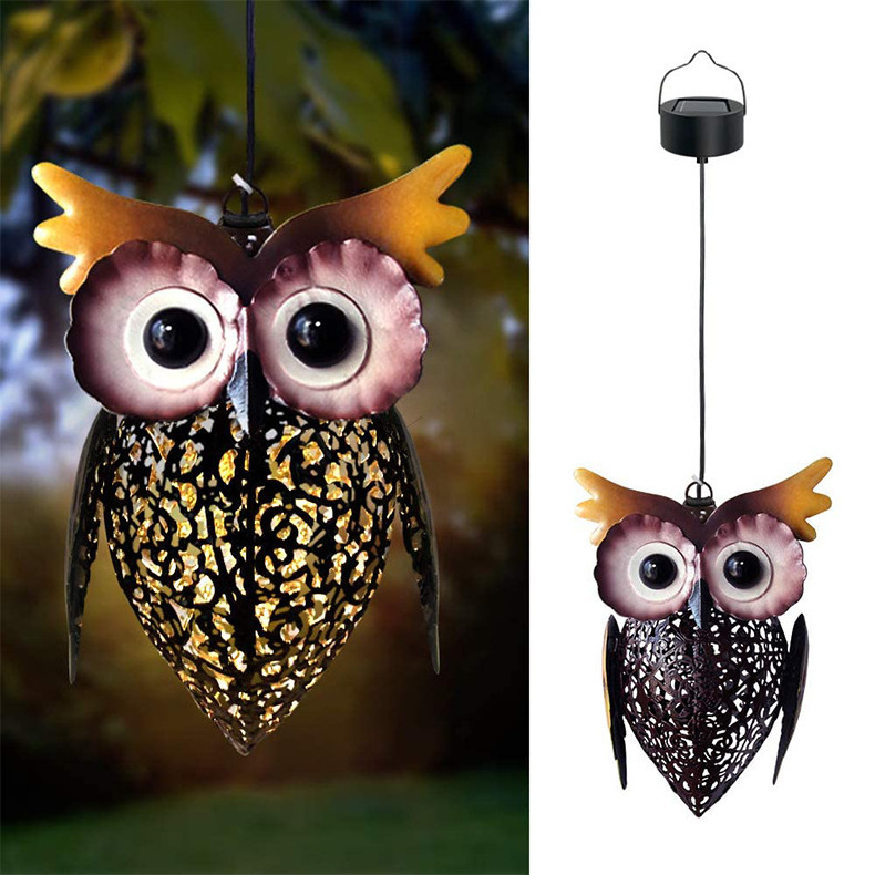 Solar Power Metal Owl Lamp LED Waterproof Hollow Lawn Lights Hanging Lamp Home Yard Gardening Decoration Garden Iron Art Light