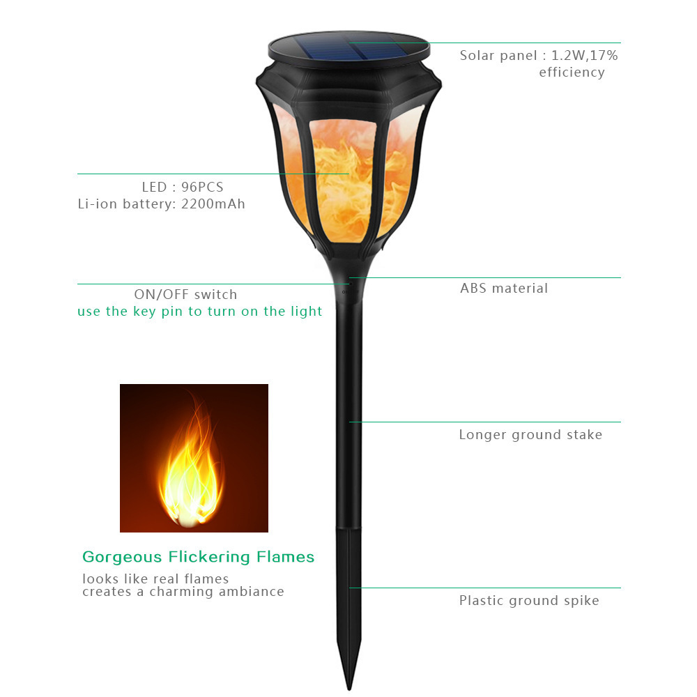 Waterproof Outdoor Decoration Flickering Flame Light 96 Led Torches Solar Torch Light For Garden Pathway