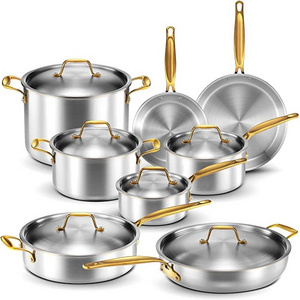 luxury triply  18/10 stainless steel cookware set kitchen soup pot kitchen cookware stock pot saucepan with golden handle