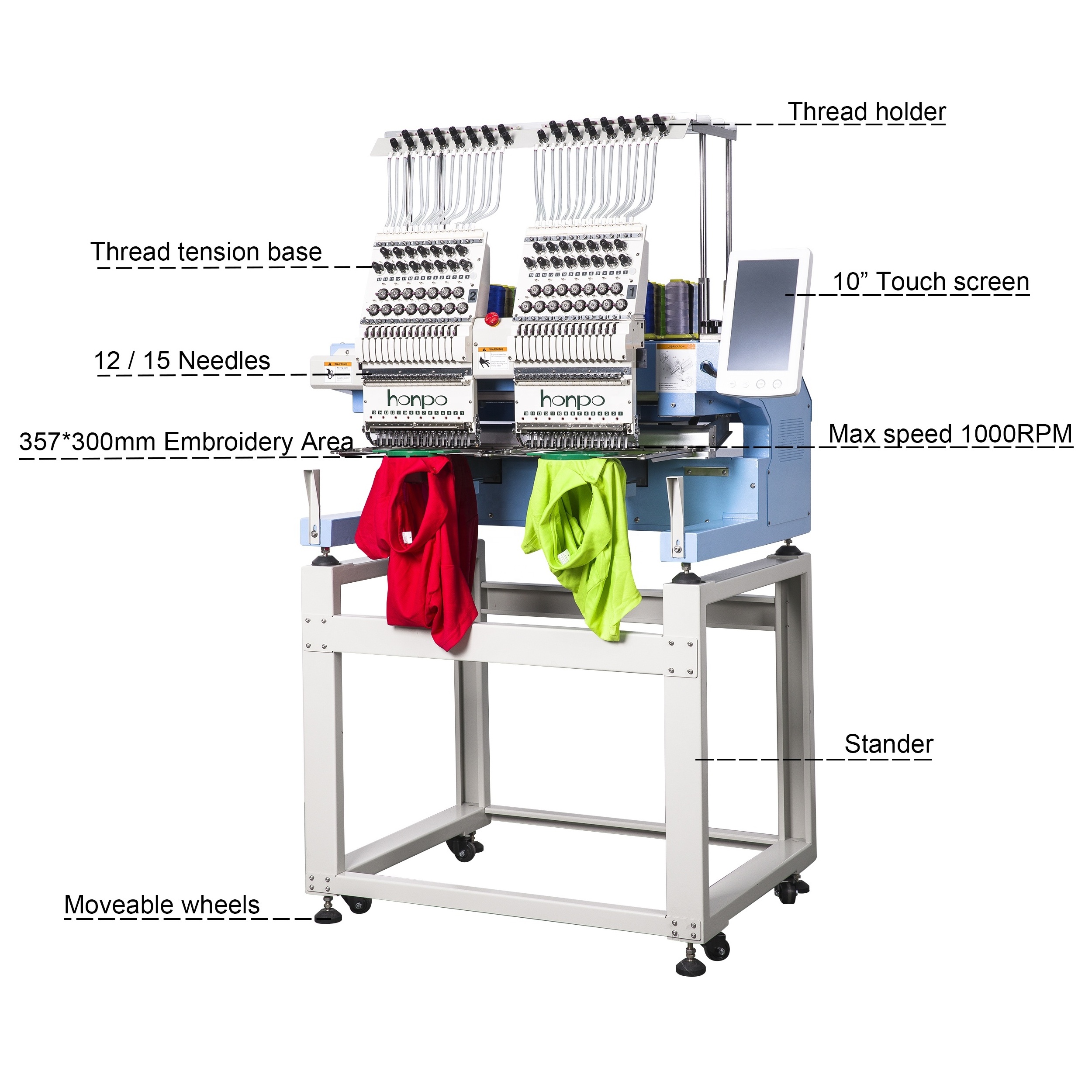 Honpo  industrial 2 heads 15 needles computerized monogram embroidery machine for sale