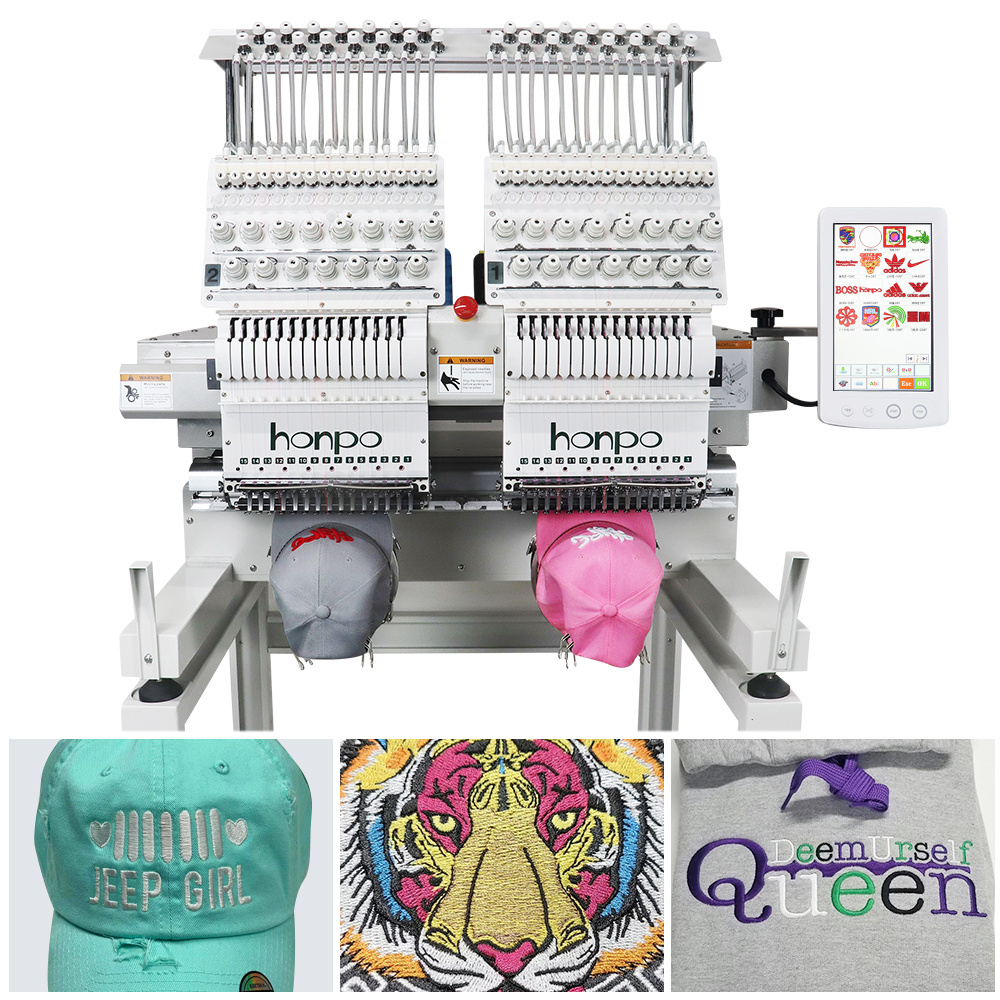 honpo Most Popular 2 Head Embroidery Machine 12/15 Needles Computer Professional Cap T-Shirts Flat Machine