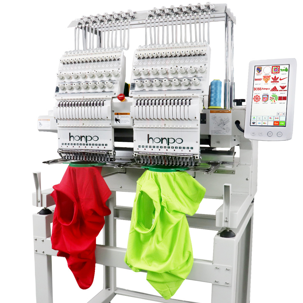 honpo Most Popular 2 Head Embroidery Machine 12/15 Needles Computer Professional Cap T-Shirts Flat Machine