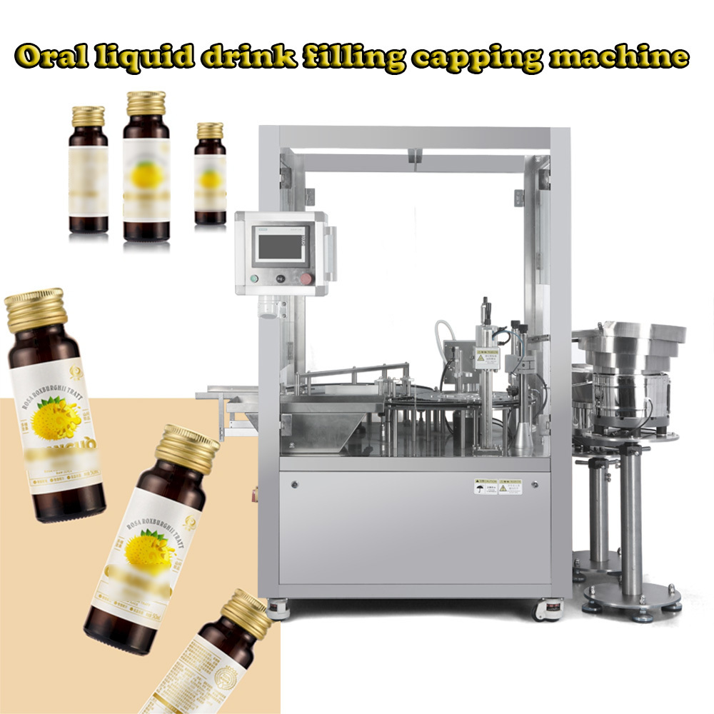 Beverage industry Oral Liquid Drink Machines Fully Automatic Filling Sealing Capping Cutting Machine For Round Glass Bottle