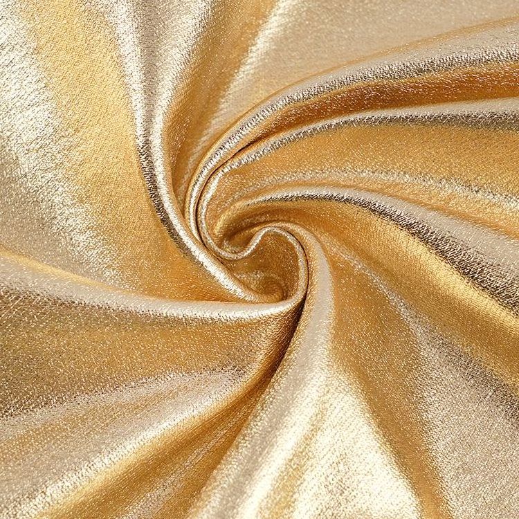 Fashion Viscose Nylon Spandex PU Coating Glitter Golden Metallic Fabric For Women Dress Pants