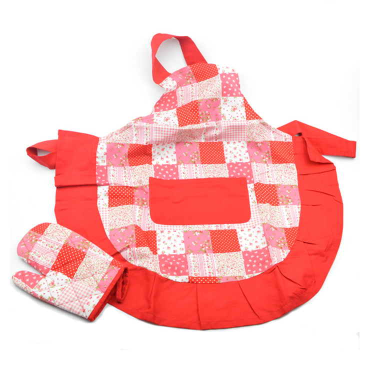 Adjustable Neck Belt Heat Resistant Red Cotton Kitchen Apron Women's Kids' Oven Gloves Set-Lovely Knit Polyester Acrylic Winter