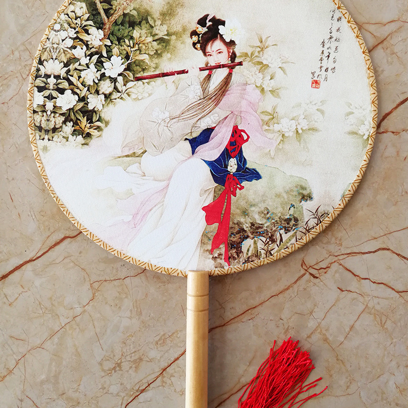 Chinese Tang Dynasty Style Wooden Handle  Round Thin Silk Hand Fan