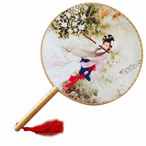 Chinese Tang Dynasty Style Wooden Handle  Round Thin Silk Hand Fan