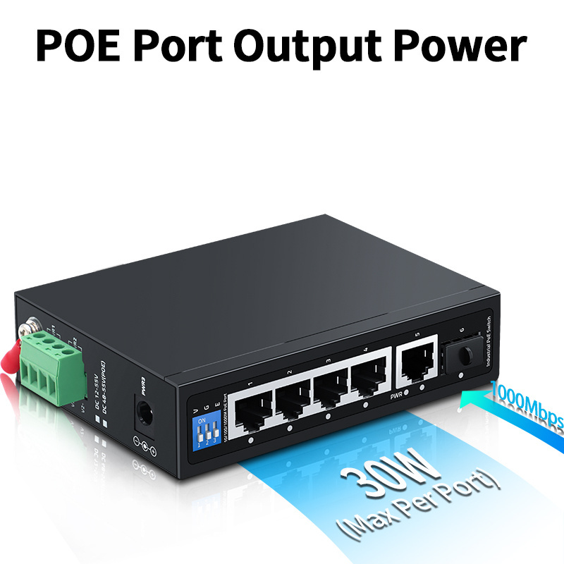 Industrial POE Switch, Gigabit 6 Port Switch 1000M RJ45 Port 1 Gigabit SFP Port DIN Rail Network POE Switch Lightning Protection