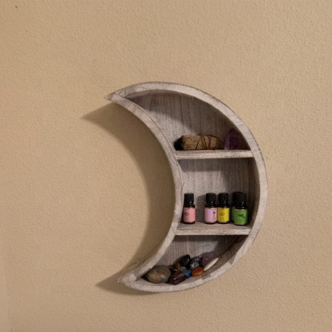 Rustic White Crescent Moon Shelf Wooden Floating Shelves For Crystal Essential Oils Display Wall Hanging Shelf Home Decorations