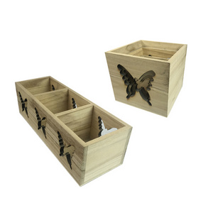 Desktop Plant Container Holder Wood Plant Box Set with Decorative Butterfly Wooden Succulent Plant Flower Bed Pot Box Planter