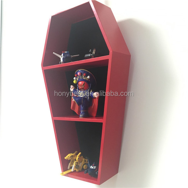 Desktop 2 Ft Red Paint Coffin Display Shelf with Custom Hooks Wall Mounted Matt Black MDF Coffin Shelf Wooden Floating Shelves