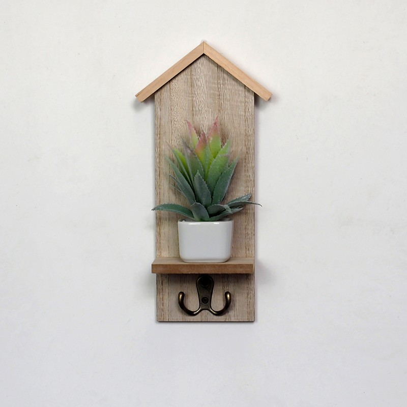 Rustic House Entryway Wooden Shelf Unit Wooden Plant Shelves with Key Hooks Wall Decor Candle/Photo Shelf with Trinket Organizer