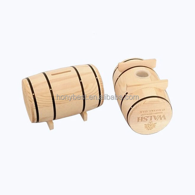 Wooden Barrel Shaped Piggy Bank Money Saving Box Coin Bank Mini Wood Barrel with Stand Pirate Treasure Chest Wedding Card Box