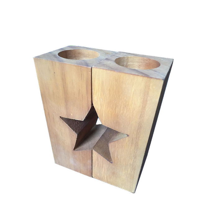 Rustic Star Shaped Cut Out Wooden Candlestick Set of 2 Tea Light Holder High Wood Candle Holders Wood Carved Twins Light Holder