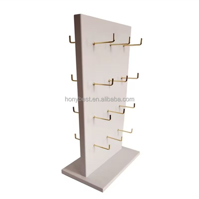 Retail Earring Keychain Display Rack Stand with Hooks,White MDF Wooden Spinning Jewelry Card Storage Hanger for Store,Showcase