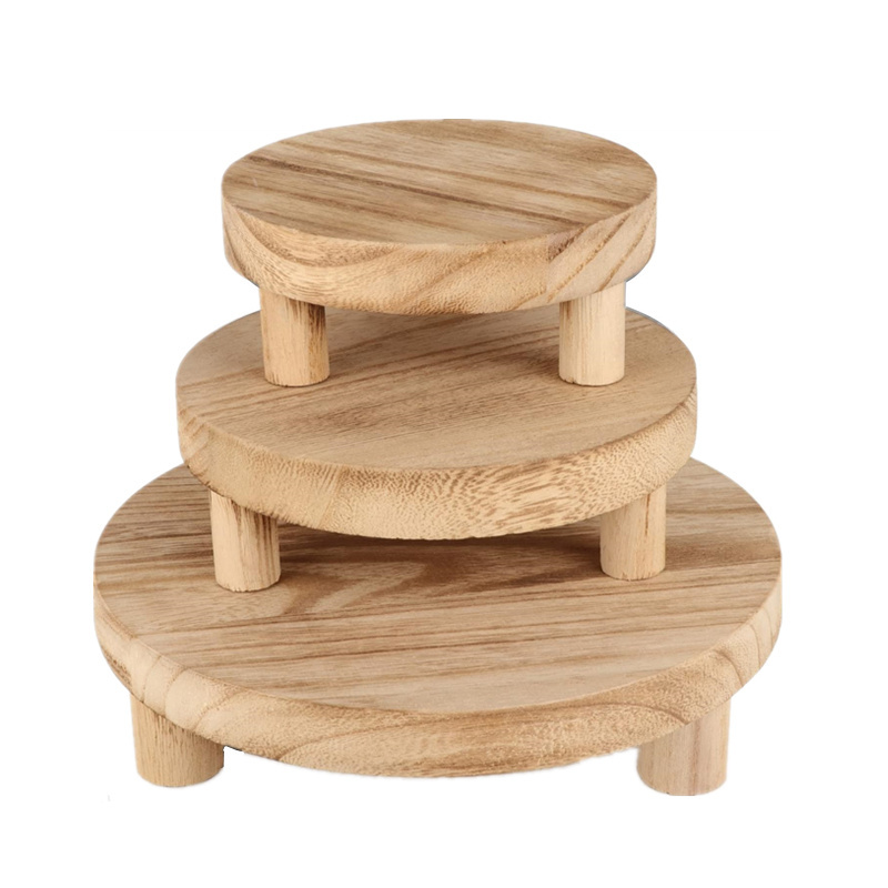 Stackable Mini Round Wooden Stool Pedestal Tiered Tray Wooden Display Risers Split 3 Tier Wood Stands Nesting Retail Shelves