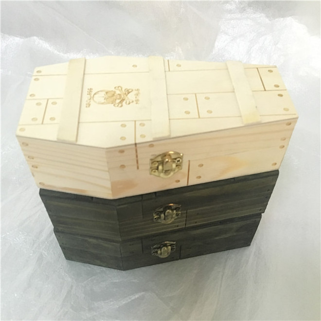 Halloween Wooden Coffin Box with Hinged Lid & Clasp Mini Coffin Jewelry Storage Case with Skeleton Skull Carved Miniature Casket