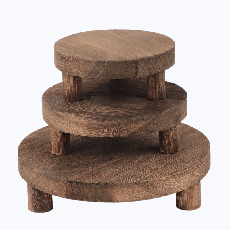 Stackable Mini Round Wooden Stool Pedestal Tiered Tray Wooden Display Risers Split 3 Tier Wood Stands Nesting Retail Shelves