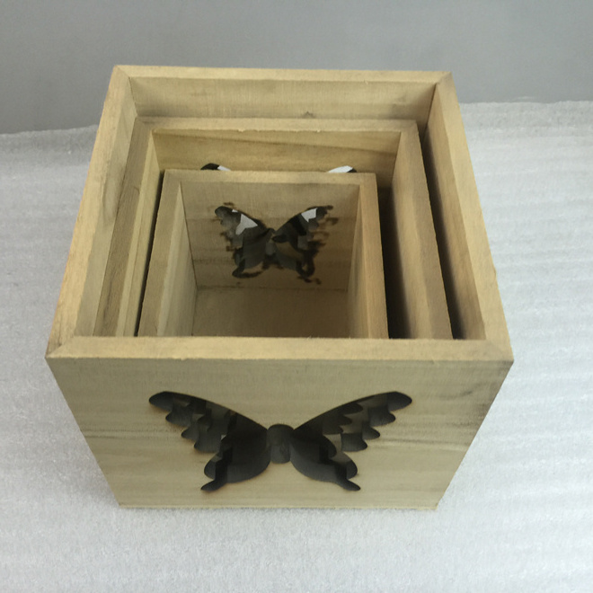 Wooden Candle Holder Set With Butterfly Cut Outs Wholesale Handmade Wooden Shadow Lantern Luminary Tealight Holder Box Custom