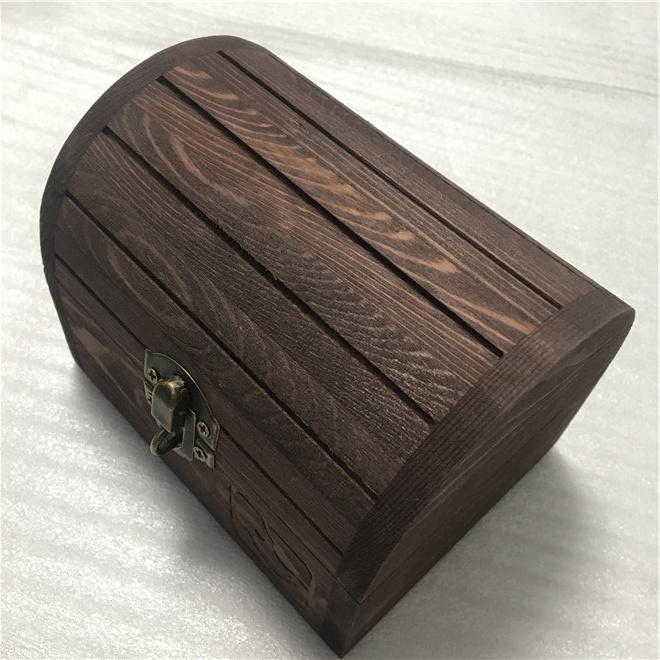 Antique Kids Pirate Treasure Chest Toy Box Unfinished Curved Top Wood Box with Hinged Locking Clasp Gift Keepsake Box Small