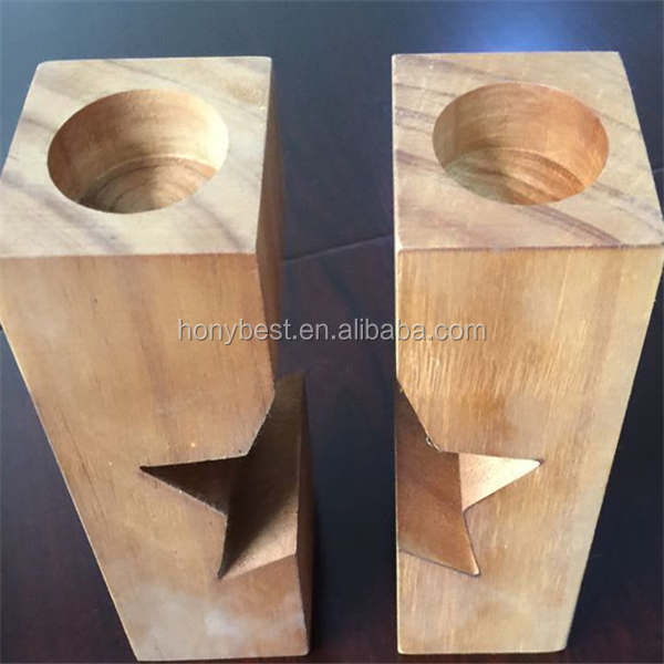 Rustic Star Shaped Cut Out Wooden Candlestick Set of 2 Tea Light Holder High Wood Candle Holders Wood Carved Twins Light Holder