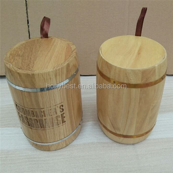 Display Wood Coffee Bean Barrel,Wood Bucket with Silk Handle and Hoop Barrel packaging for coffee, chocolate, honey, candy sales