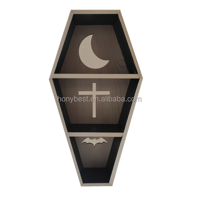 Wooden Gothic Decor Table or Wall Hanging for Home,Black Floating Coffin Box Shelf with Cutout