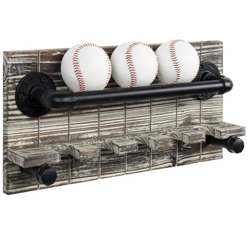 Industrial Style Wall Mounted Baseball Bat Display Rack Wooden Floating Shelf with Metal Pipe 2-Tier Sports Equipment Holder