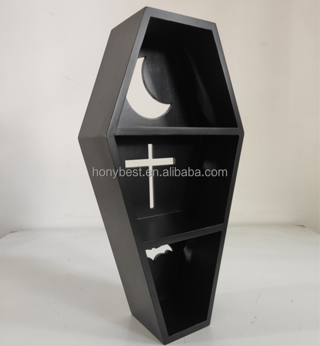 Wooden Gothic Decor Table or Wall Hanging for Home,Black Floating Coffin Box Shelf with Cutout