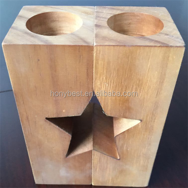 Rustic Star Shaped Cut Out Wooden Candlestick Set of 2 Tea Light Holder High Wood Candle Holders Wood Carved Twins Light Holder