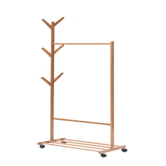 Portable Wooden Clothing Rack with Shelves Wholesale Free Standing Wood Clothes Rail Hanger Garment Display Stand Clothes Rack