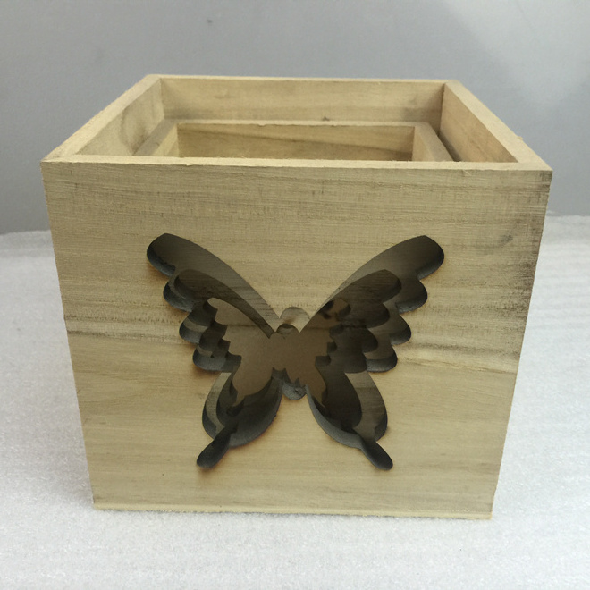 Wooden Candle Holder Set With Butterfly Cut Outs Wholesale Handmade Wooden Shadow Lantern Luminary Tealight Holder Box Custom