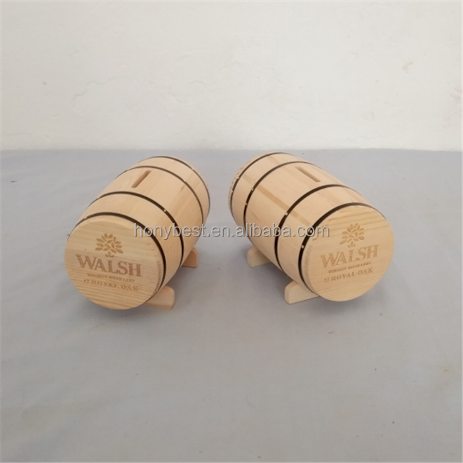 Wooden Barrel Shaped Piggy Bank Money Saving Box Coin Bank Mini Wood Barrel with Stand Pirate Treasure Chest Wedding Card Box