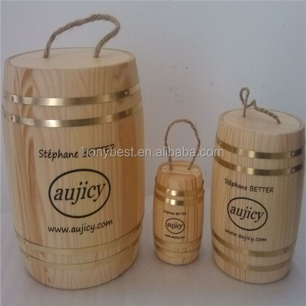 Display Wood Coffee Bean Barrel,Wood Bucket with Silk Handle and Hoop Barrel packaging for coffee, chocolate, honey, candy sales