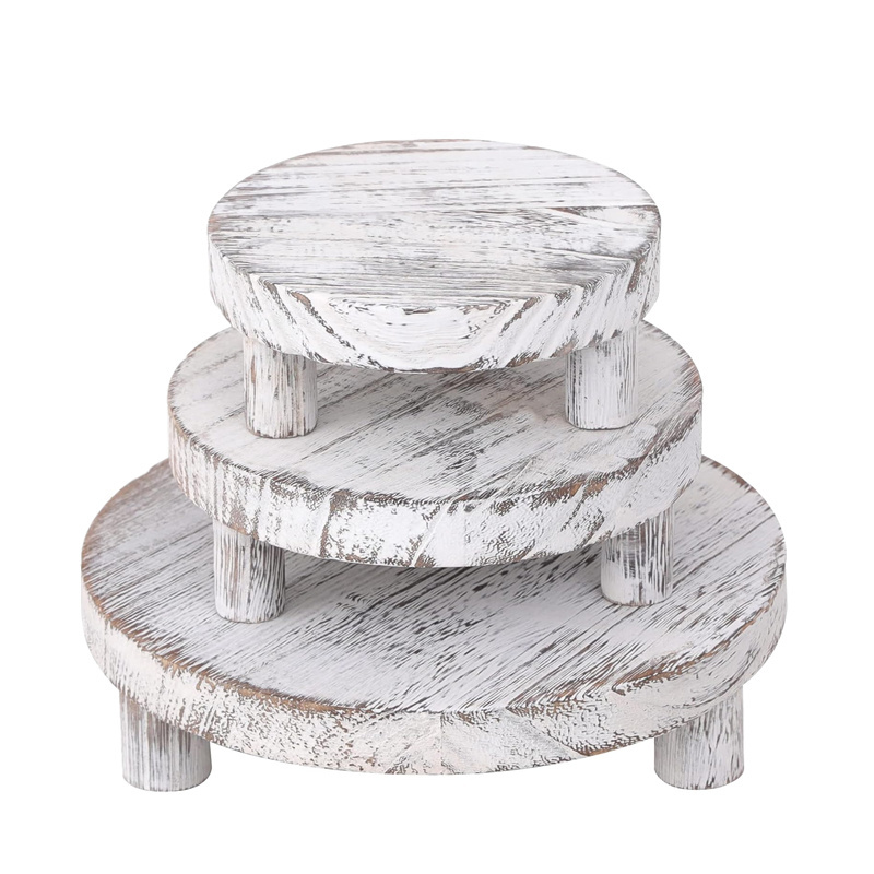 Stackable Mini Round Wooden Stool Pedestal Tiered Tray Wooden Display Risers Split 3 Tier Wood Stands Nesting Retail Shelves