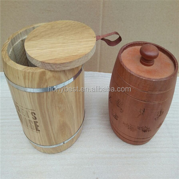 Display Wood Coffee Bean Barrel,Wood Bucket with Silk Handle and Hoop Barrel packaging for coffee, chocolate, honey, candy sales