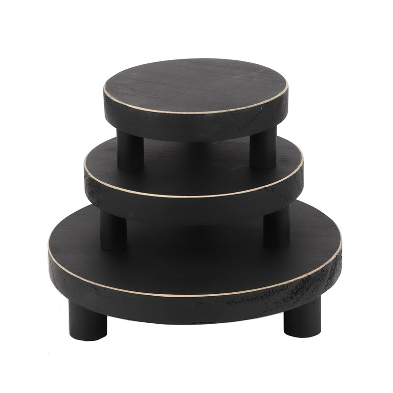 Stackable Mini Round Wooden Stool Pedestal Tiered Tray Wooden Display Risers Split 3 Tier Wood Stands Nesting Retail Shelves