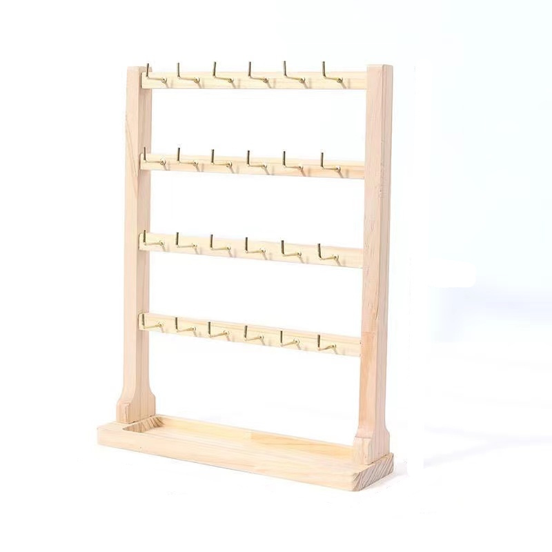 Wood Jewellery Display Rack Stand Wholesale Earrings Card Holder Frame with Hooks Custom Natural Wood Jewelry Packaging/Display