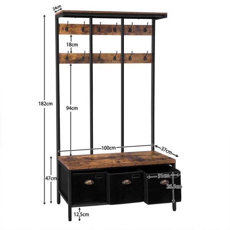 Wholesale Hall Tree with Shoe Bench and Coat Hooks Industrial Style Shoe Storage Clothes Organizer All-in-one