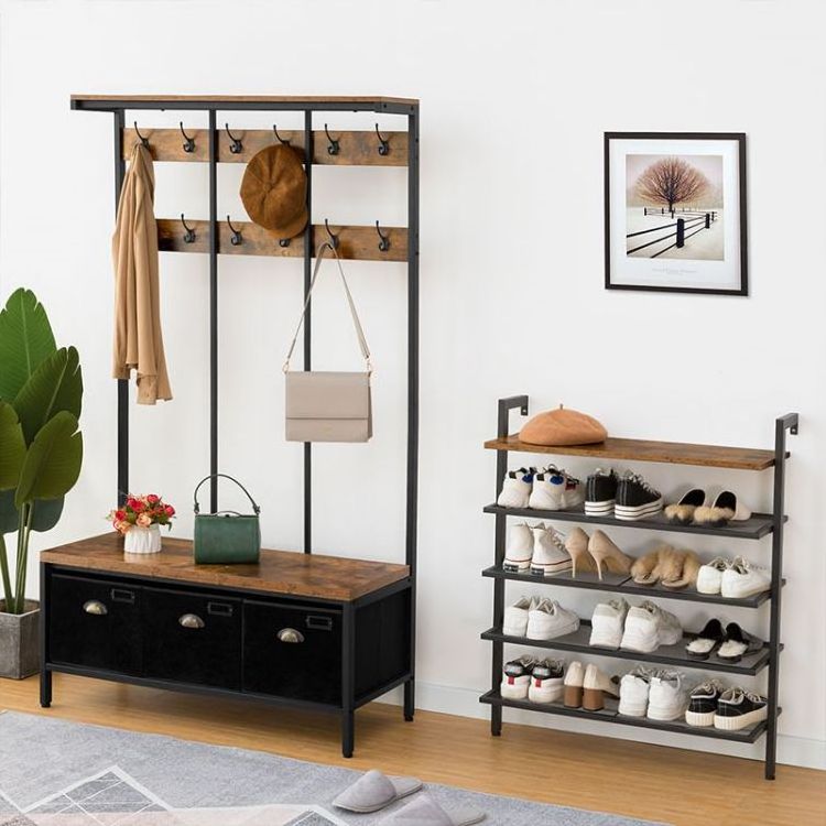 Wholesale Hall Tree with Shoe Bench and Coat Hooks Industrial Style Shoe Storage Clothes Organizer All-in-one