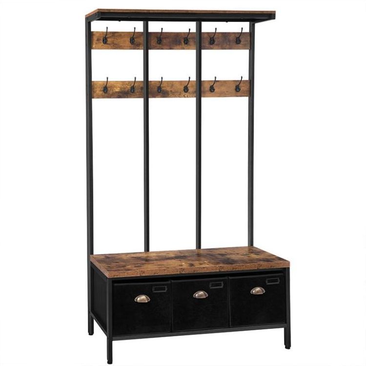 Wholesale Hall Tree with Shoe Bench and Coat Hooks Industrial Style Shoe Storage Clothes Organizer All-in-one